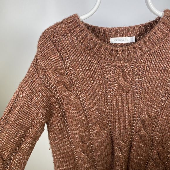 Celtic & Co Cable Knit Crewneck Jumper Chunky Aran 100% Merino Wool Brown Medium - Picture 5 of 12